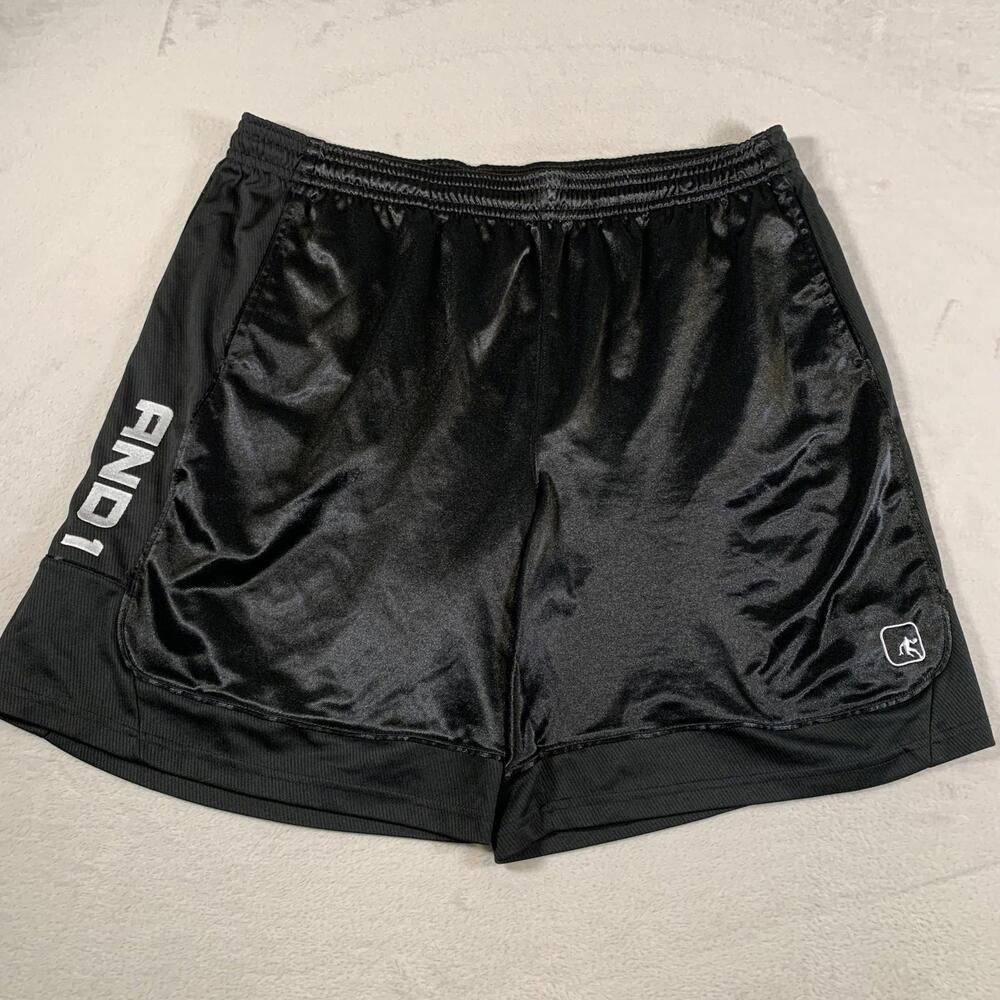 AND1 Basketball Shorts Mens 3XL‎ Black Athletic Gym Drawstring Shiny Silky Y2K